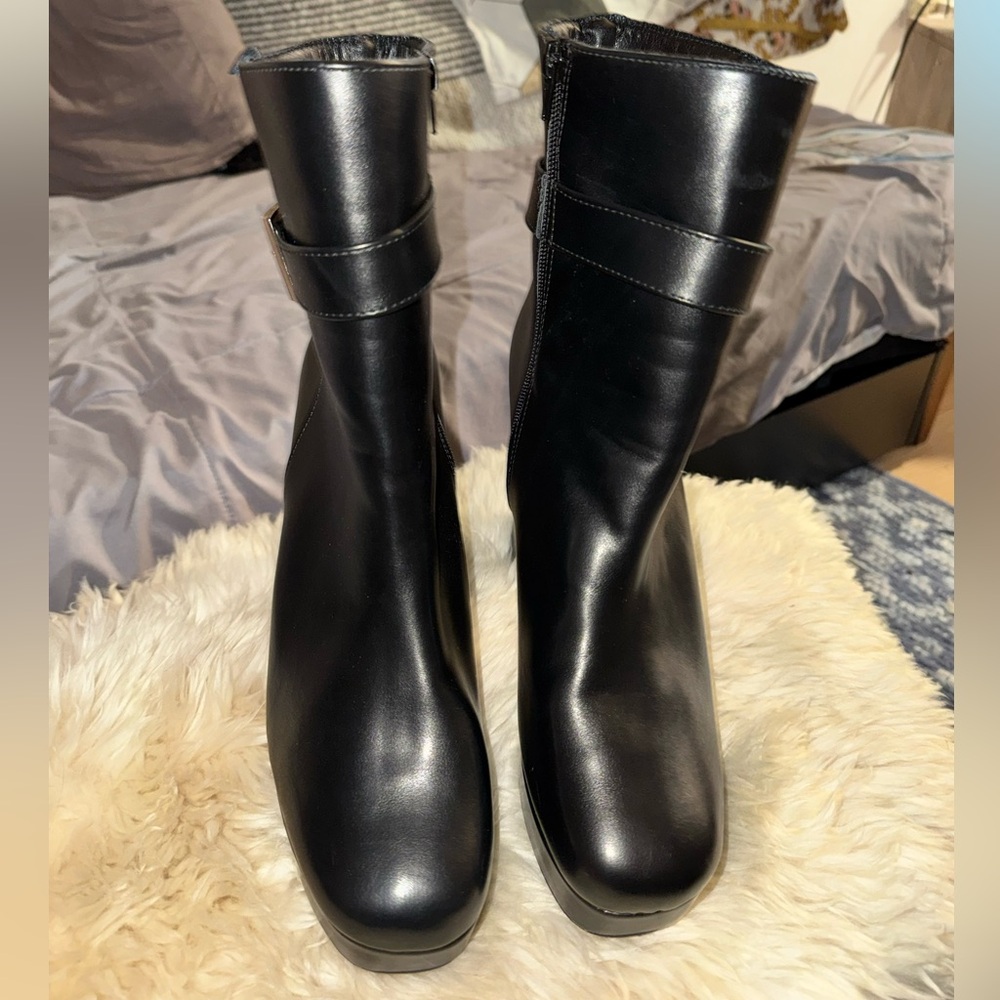 NordstromBlack Leather Platform Ankle Boots with Gold Buckle